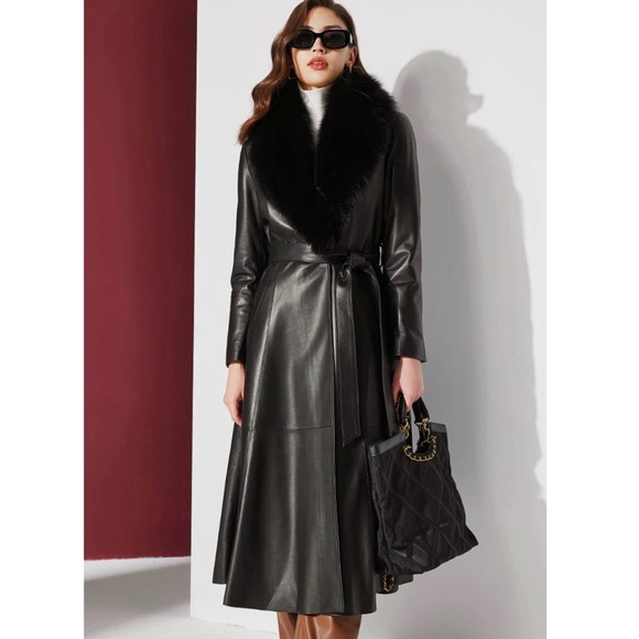 Black Dakota Belted Leather Coat Trench Removable Fur Collar Jacket - Picture 6 of 8